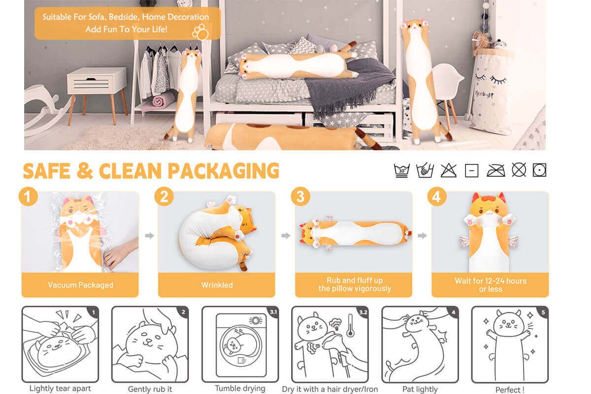 Warmhughub Adorable Long Cat Plush Pillow Description